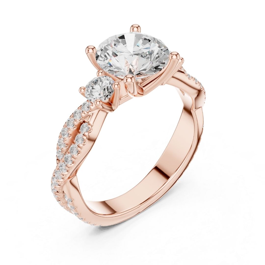 Rose gold ring with moissanite diamonds on a white background