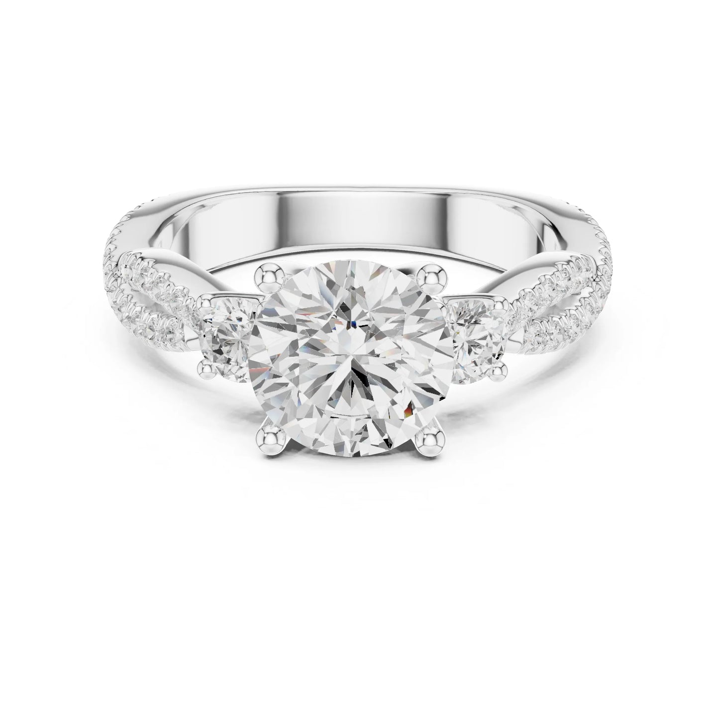 Silver ring with a large moissanite diamond and smaller diamonds on the band against a white background