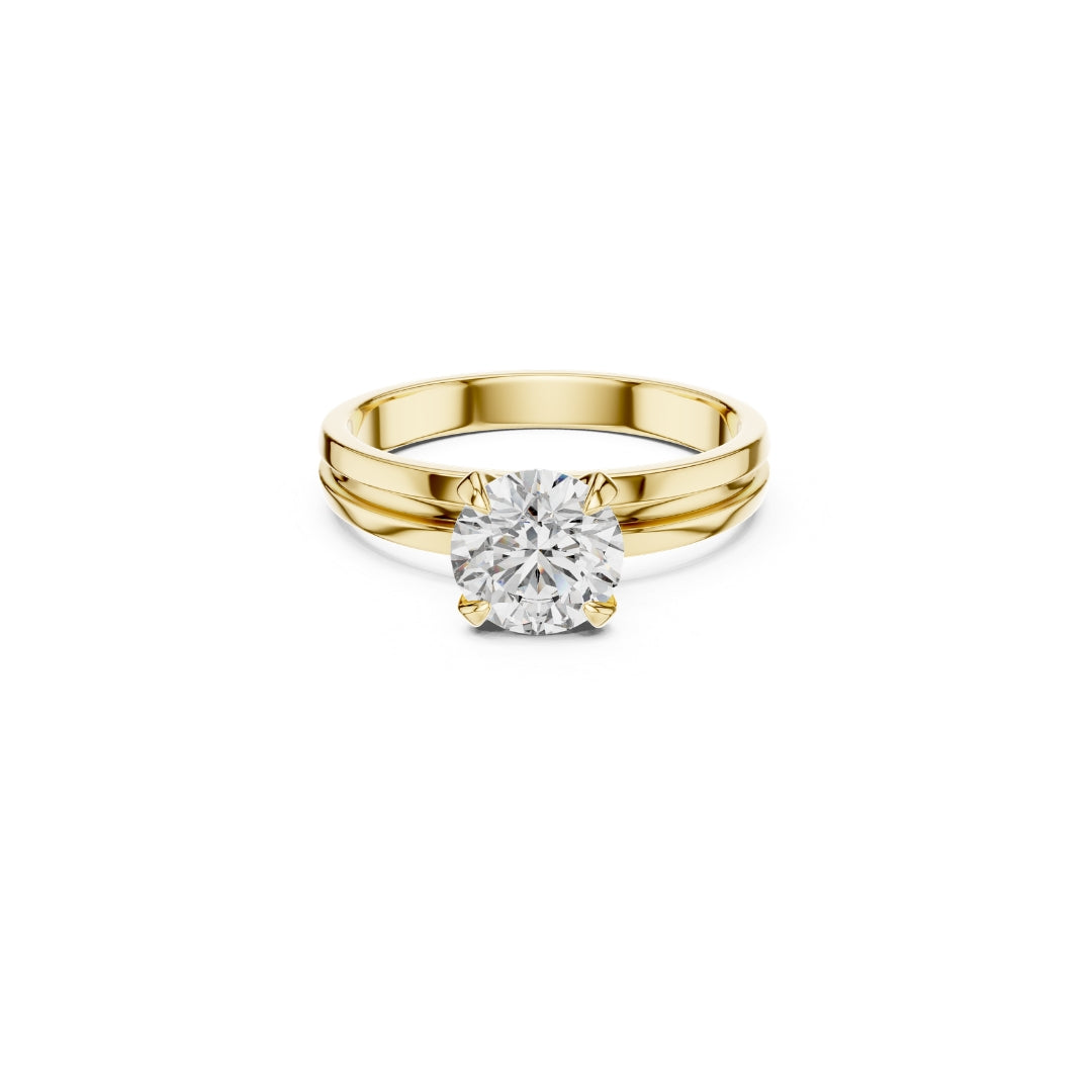Gold ring with a 1ct moissanite diamond on a white background