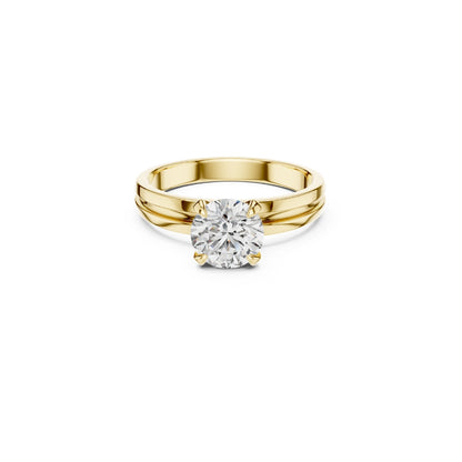 Gold ring with a 1ct moissanite diamond on a white background