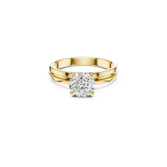 Gold ring with a 1ct moissanite diamond on a white background