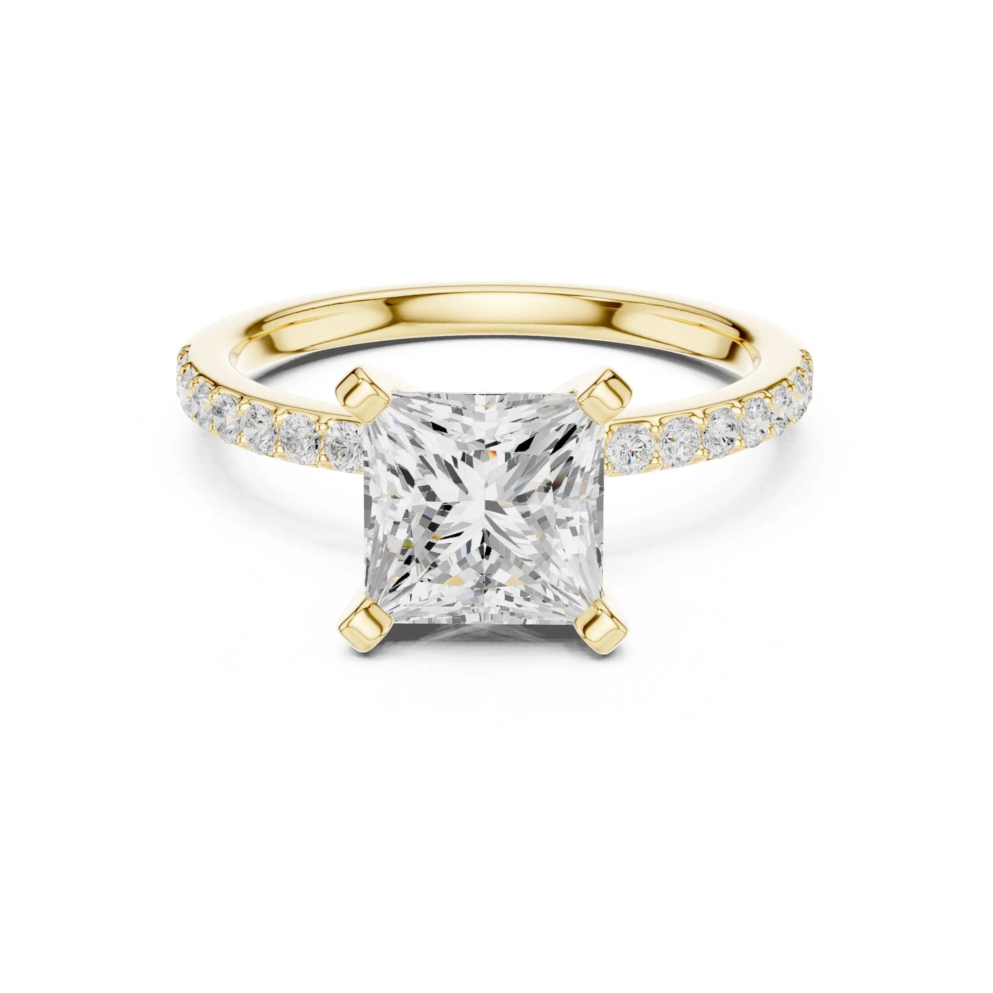 Gold ring with a large moissanite diamond and smaller diamonds on the band against a white background