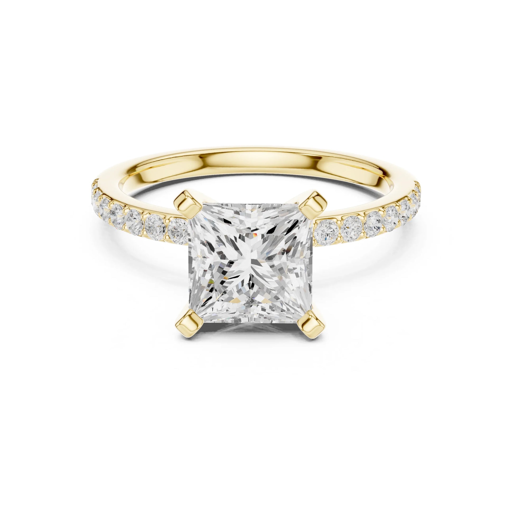 Gold ring with a large moissanite diamond and smaller diamonds on the band against a white background