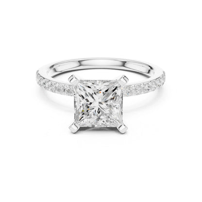 moissanite Diamond ring with a square-cut center stone on a white background