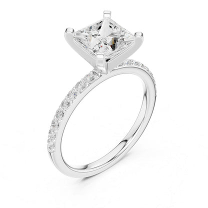 moissanite Diamond ring with a prominent central gemstone and smaller stones on the band against a white background