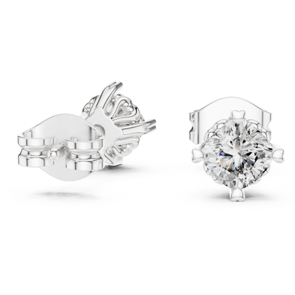 Pair of moissanite diamond stud earrings on a white background
