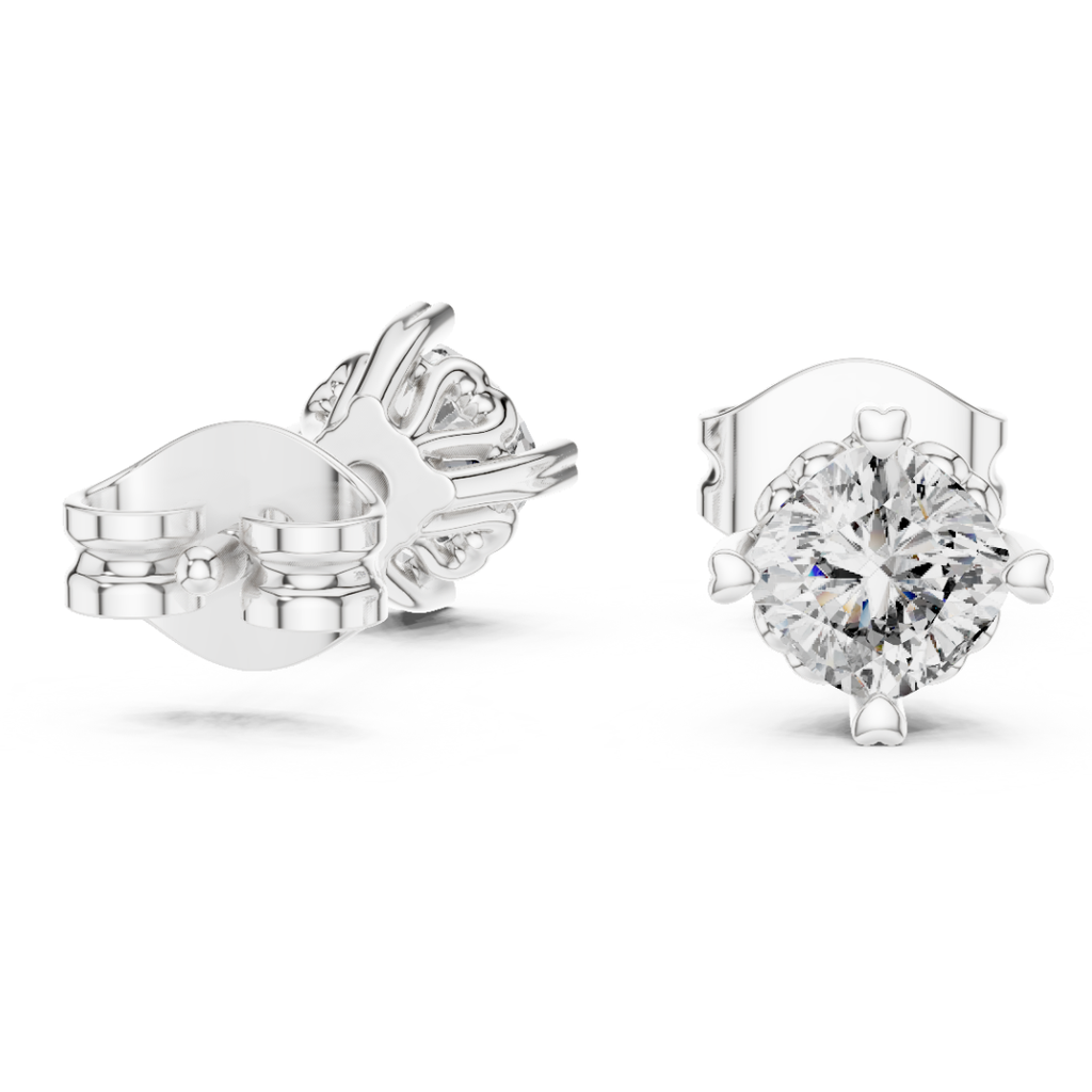 Pair of moissanite diamond stud earrings on a white background