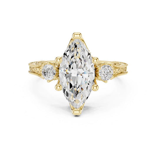 Gold ring with a large marquise-shaped moissanite diamond and smaller diamonds on a white background