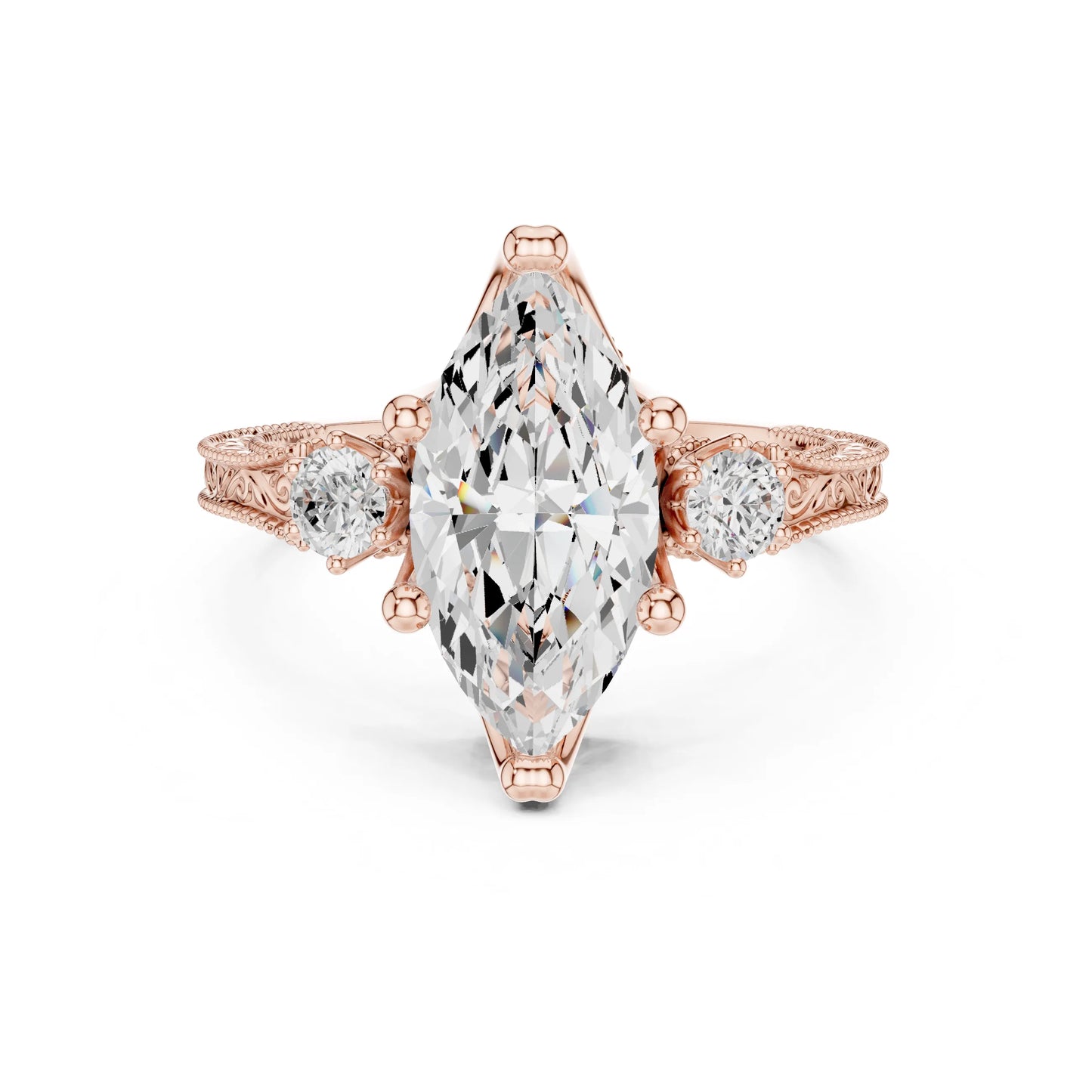 Rose gold ring with a large marquise-shaped moissanite diamond and smaller diamonds on a white background