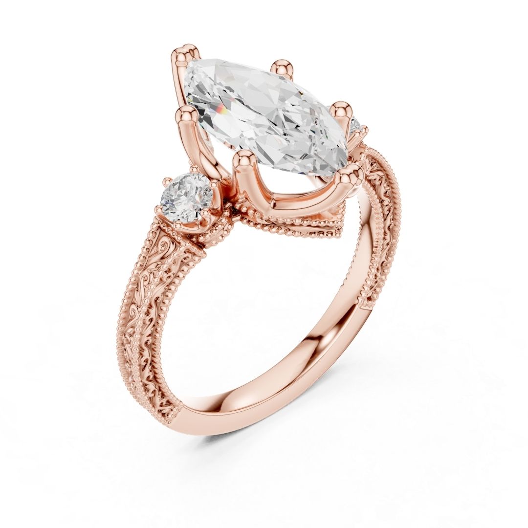 Rose gold ring with moissanite diamonds on a white background
