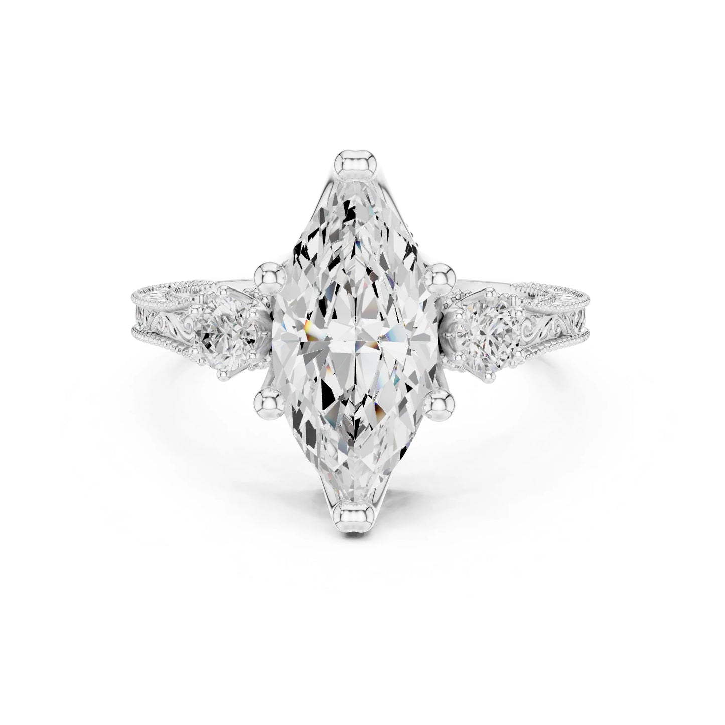 moissanite Diamond ring with a pear-shaped center stone on a white background