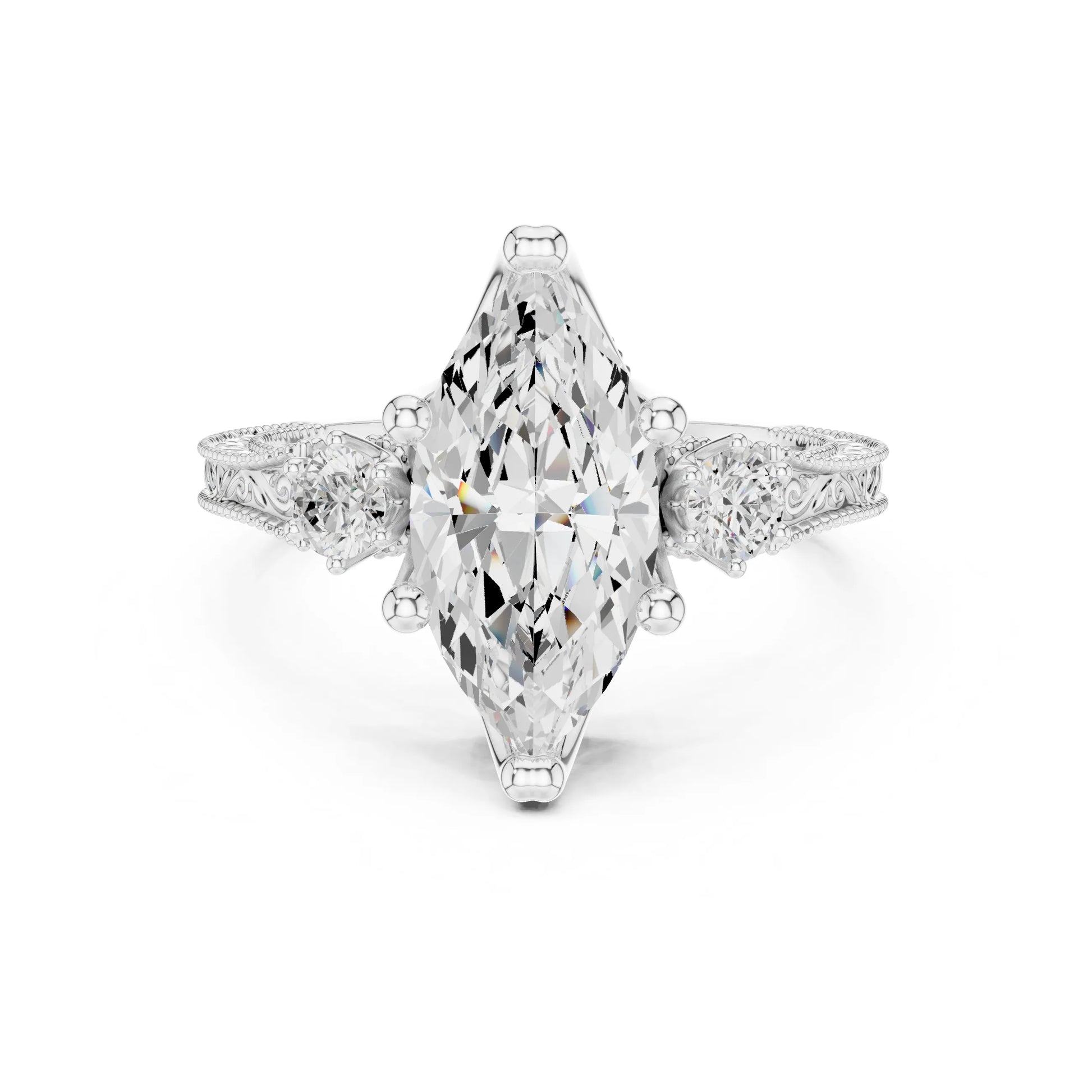 moissanite Diamond ring with a pear-shaped center stone on a white background