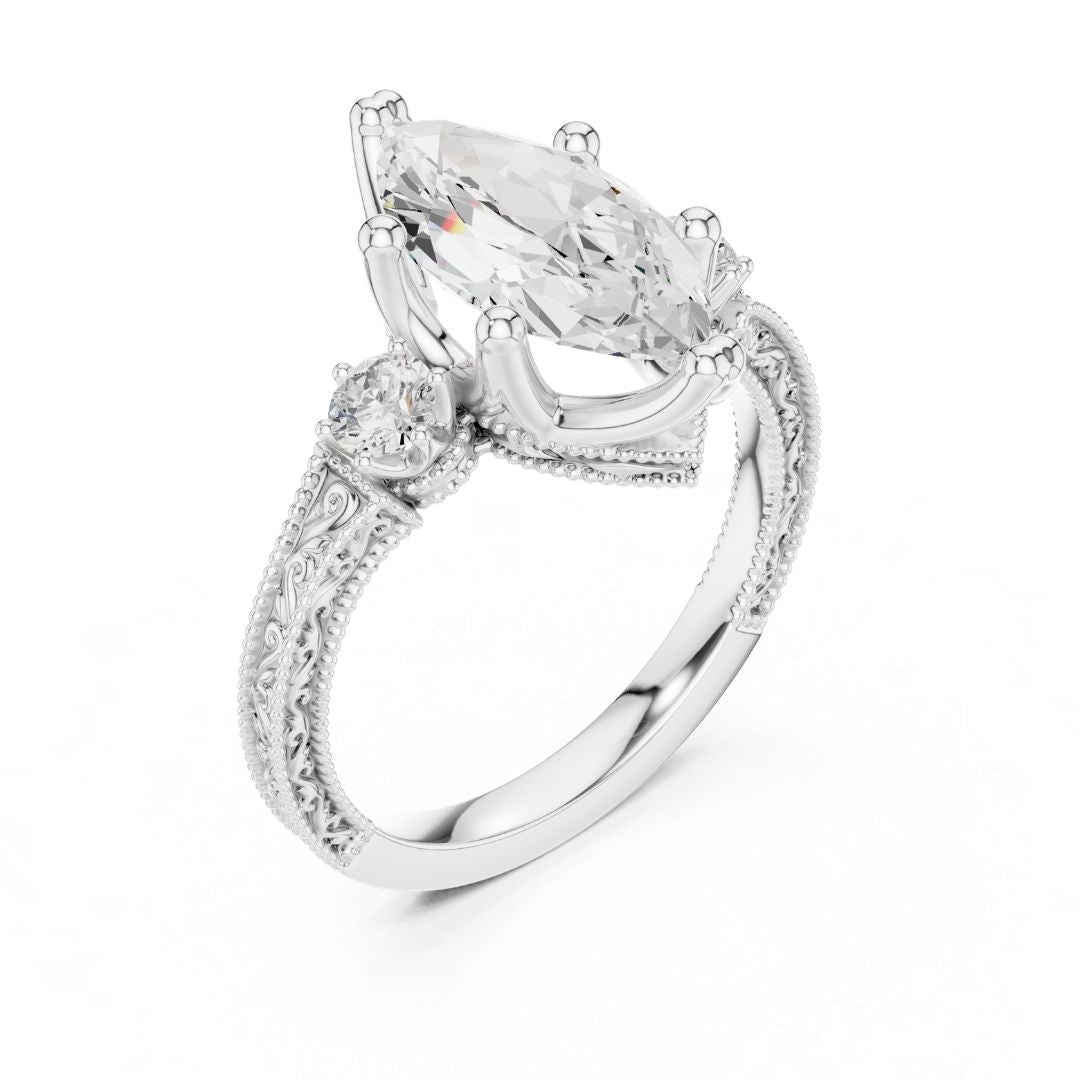 moissanite Diamond ring with a marquise-shaped center stone on a white background