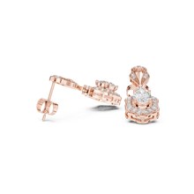 Load image into Gallery viewer, Rose gold earrings with moissanite diamond accents on a white background
