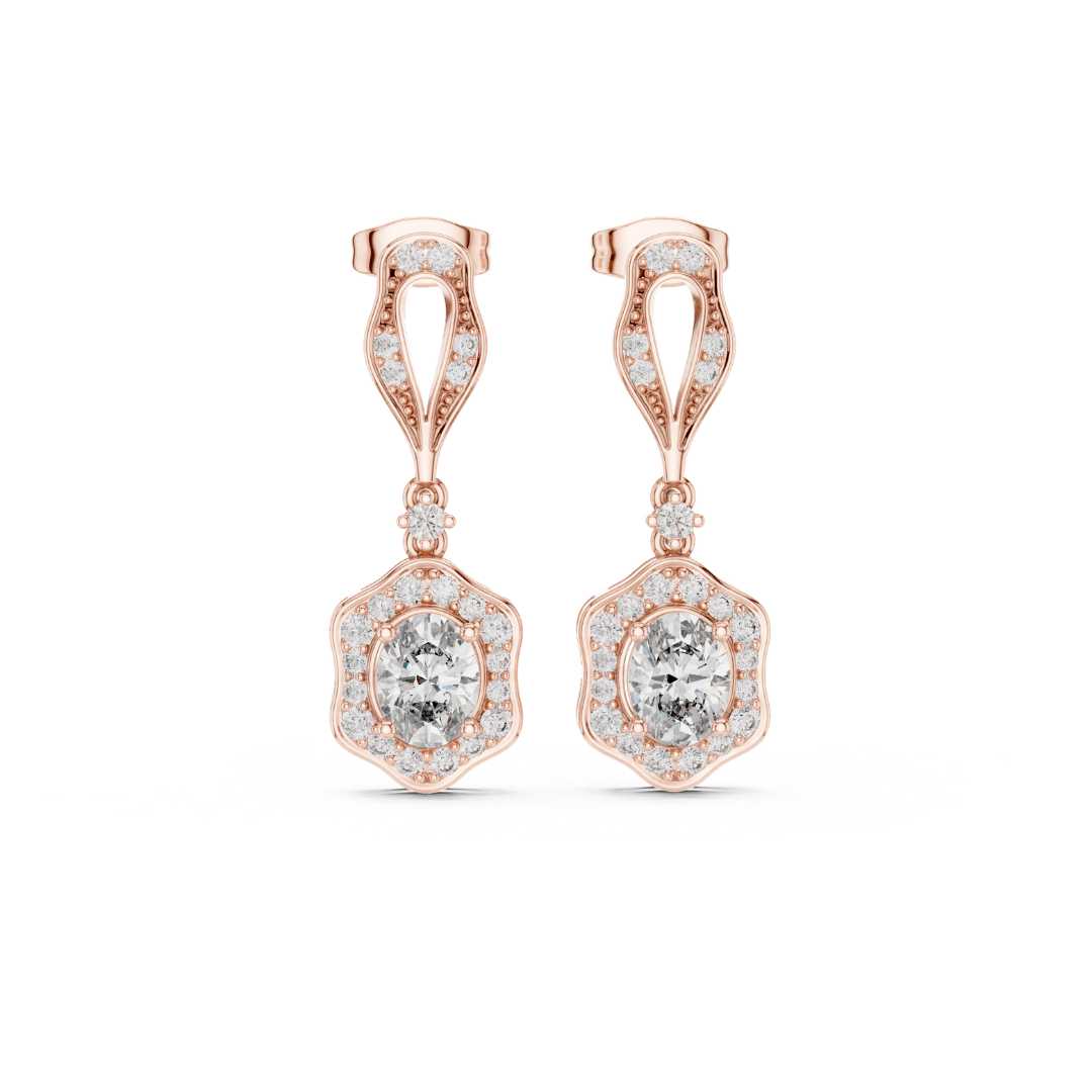 Rose gold moissanite diamond earrings with clear gemstones on a white background