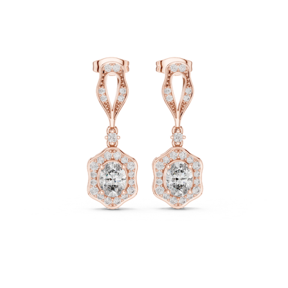Rose gold moissanite diamond earrings with clear gemstones on a white background