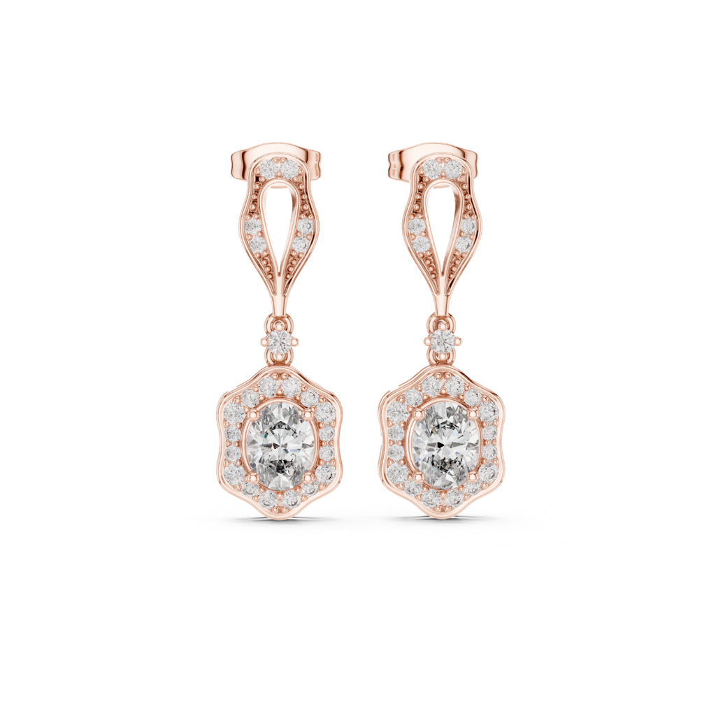 Rose gold moissanite diamond earrings with clear gemstones on a white background