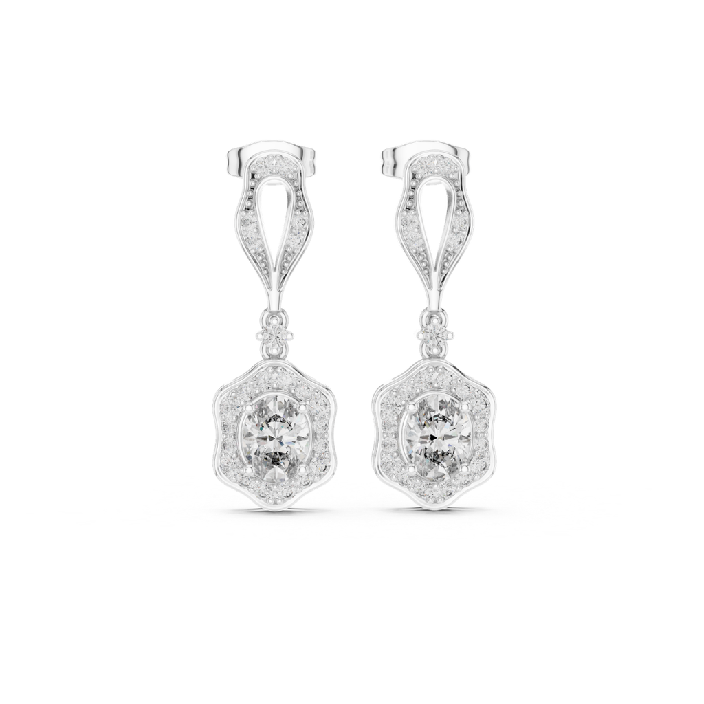 Pair of moissanite diamond earrings on a white background
