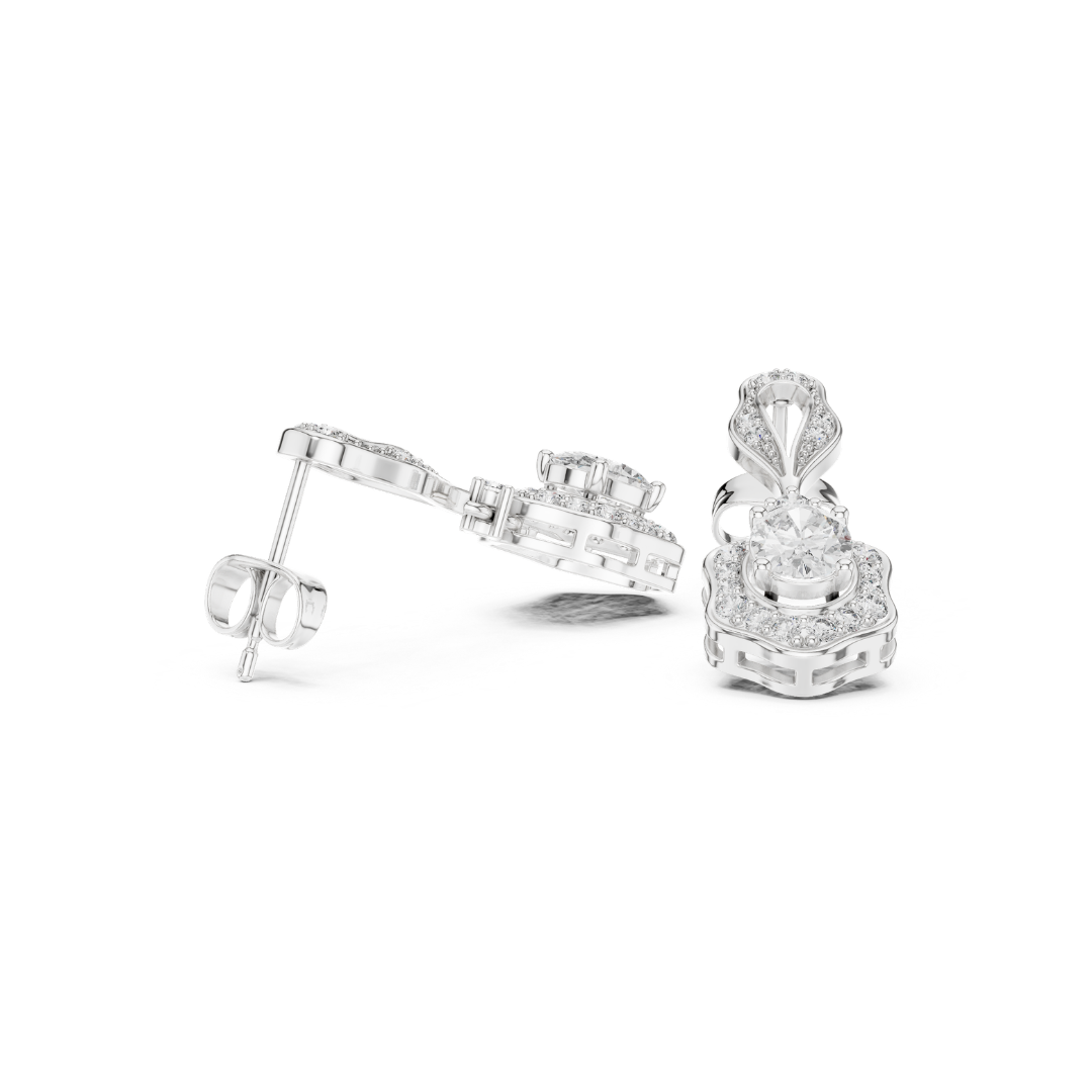 Silver earring with clear moissanite gemstones on a white background
