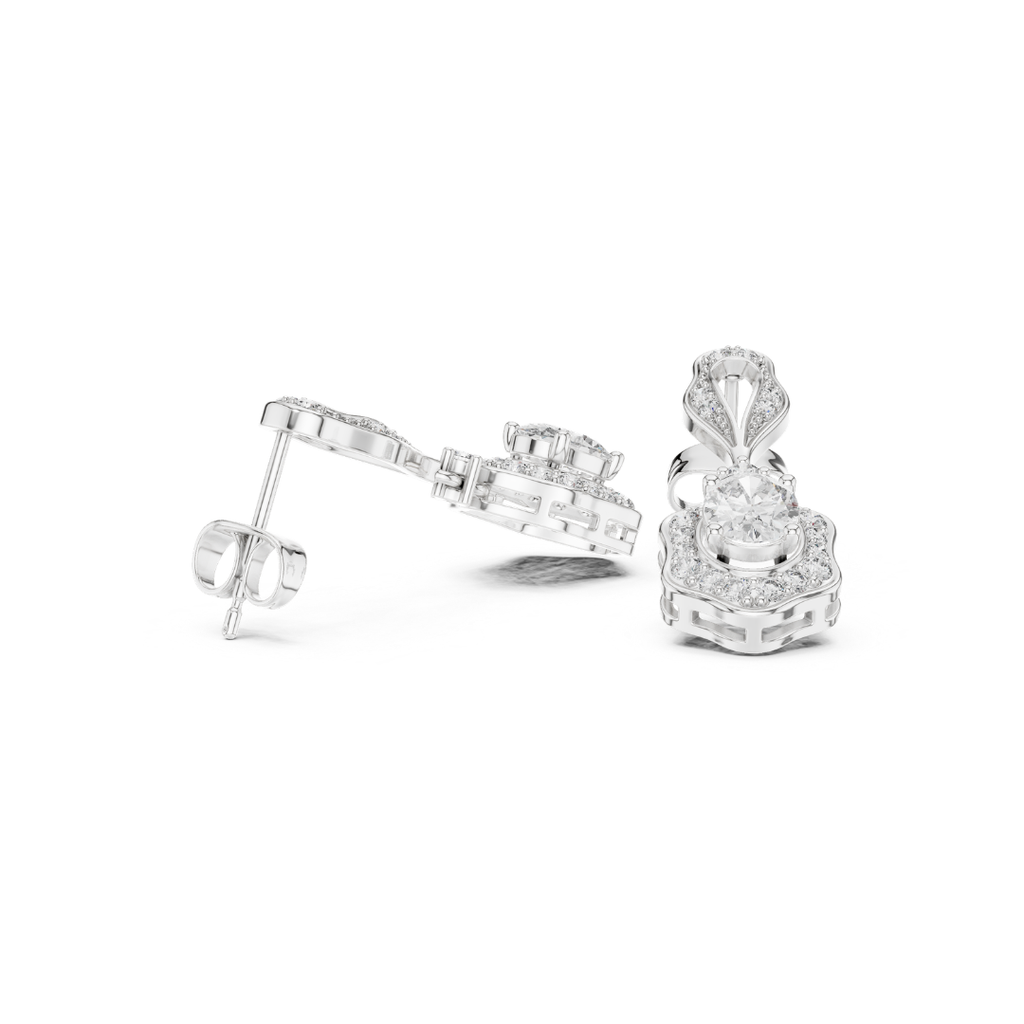 Silver earring with clear moissanite gemstones on a white background