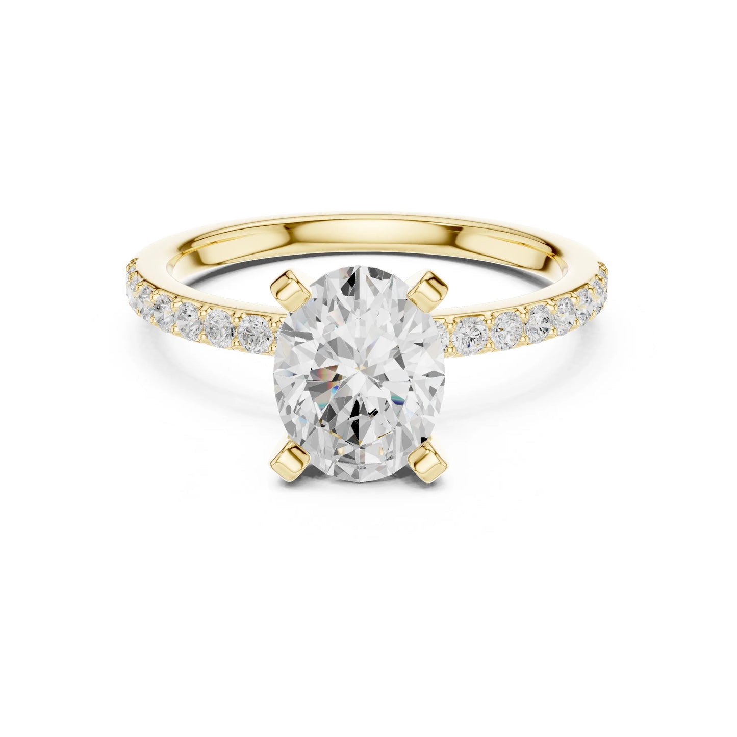 Gold ring with a large moissanite diamond and smaller diamonds on the band against a white background