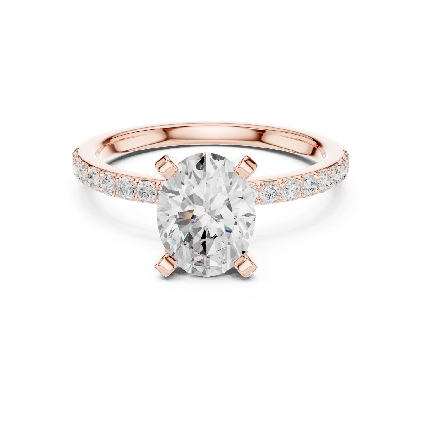 Rose gold ring with a large moissanite diamond and smaller diamonds on the band against a white background