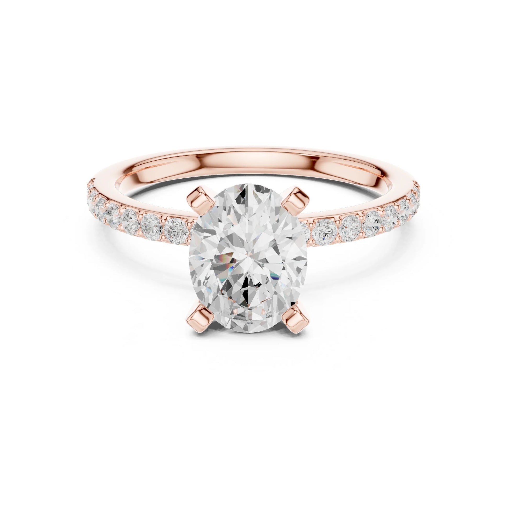 Rose gold ring with a large moissanite diamond and smaller diamonds on the band against a white background