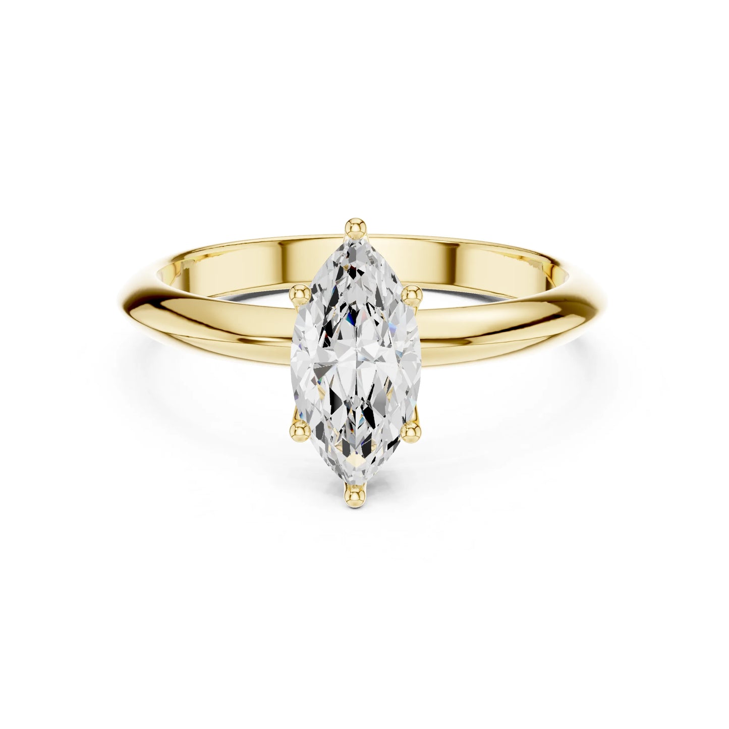 Gold ring with a marquise-shaped moissanite diamond on a white background