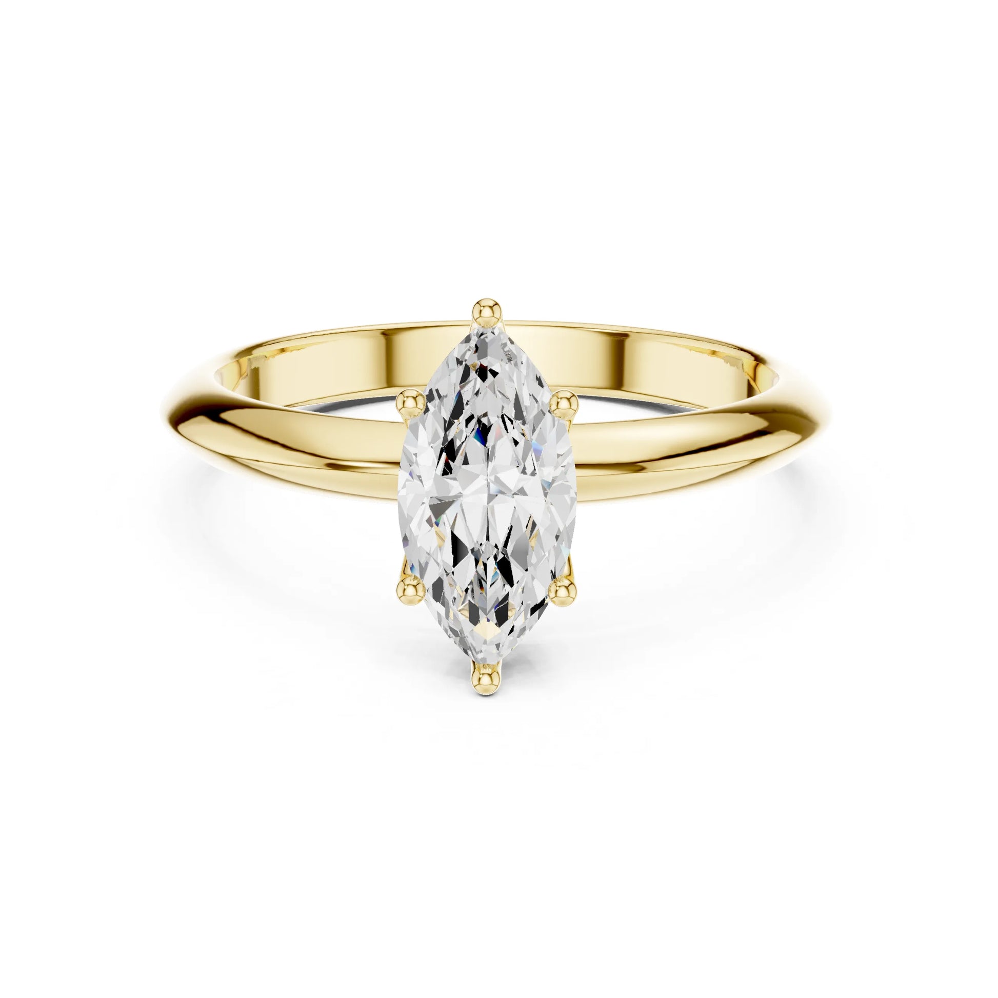 Gold ring with a marquise-shaped moissanite diamond on a white background