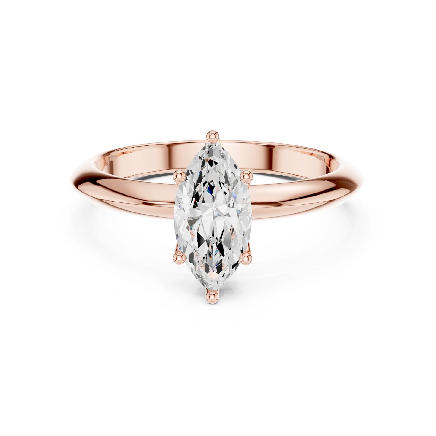 Rose gold ring with a pear-shaped moissanite diamond on a white background