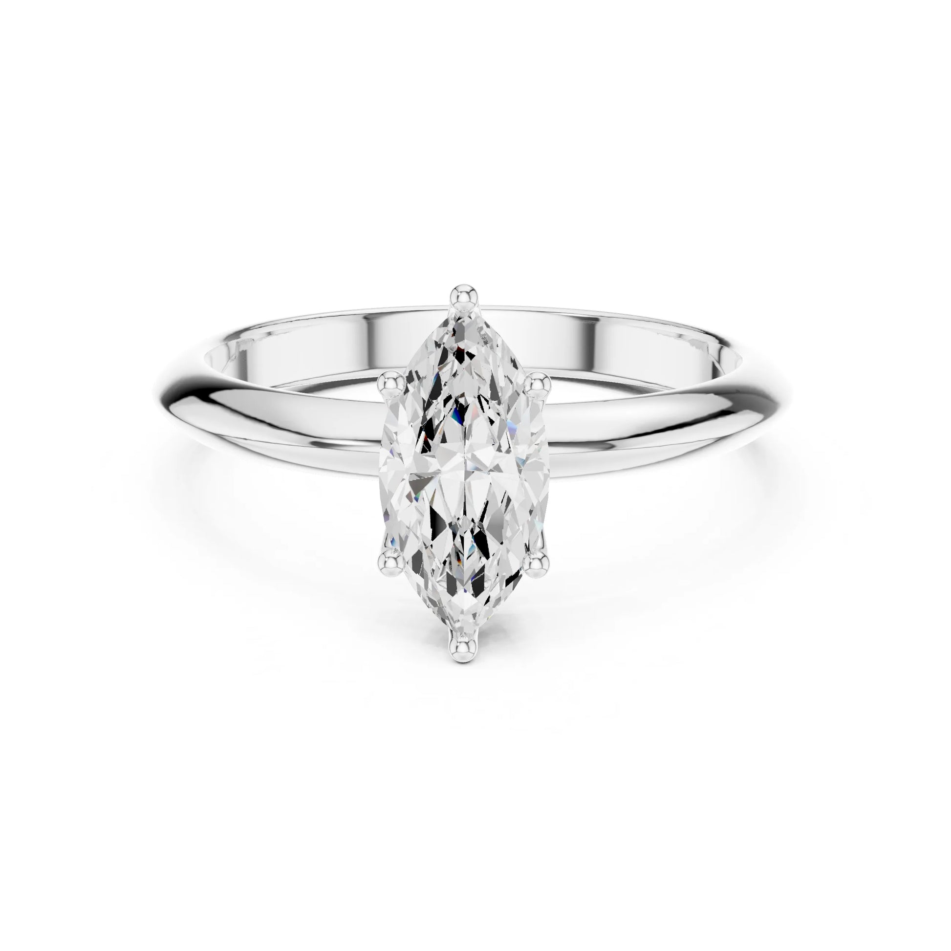 Silver ring with a marquise-shaped moissanite diamond on a white background