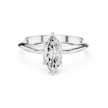 Silver ring with a marquise-shaped moissanite diamond on a white background