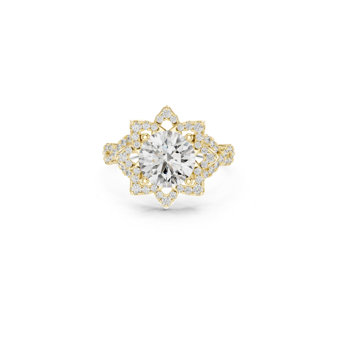 Gold ring with a 1ct moissanite diamond and smaller diamonds on a white background