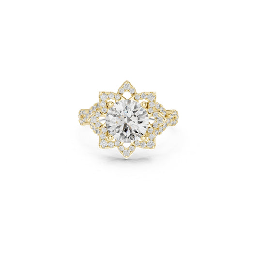 Gold ring with a 1ct moissanite diamond and smaller diamonds on a white background