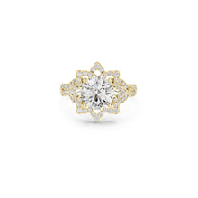 Load image into Gallery viewer, Gold ring with a 1ct moissanite diamond and smaller diamonds on a white background