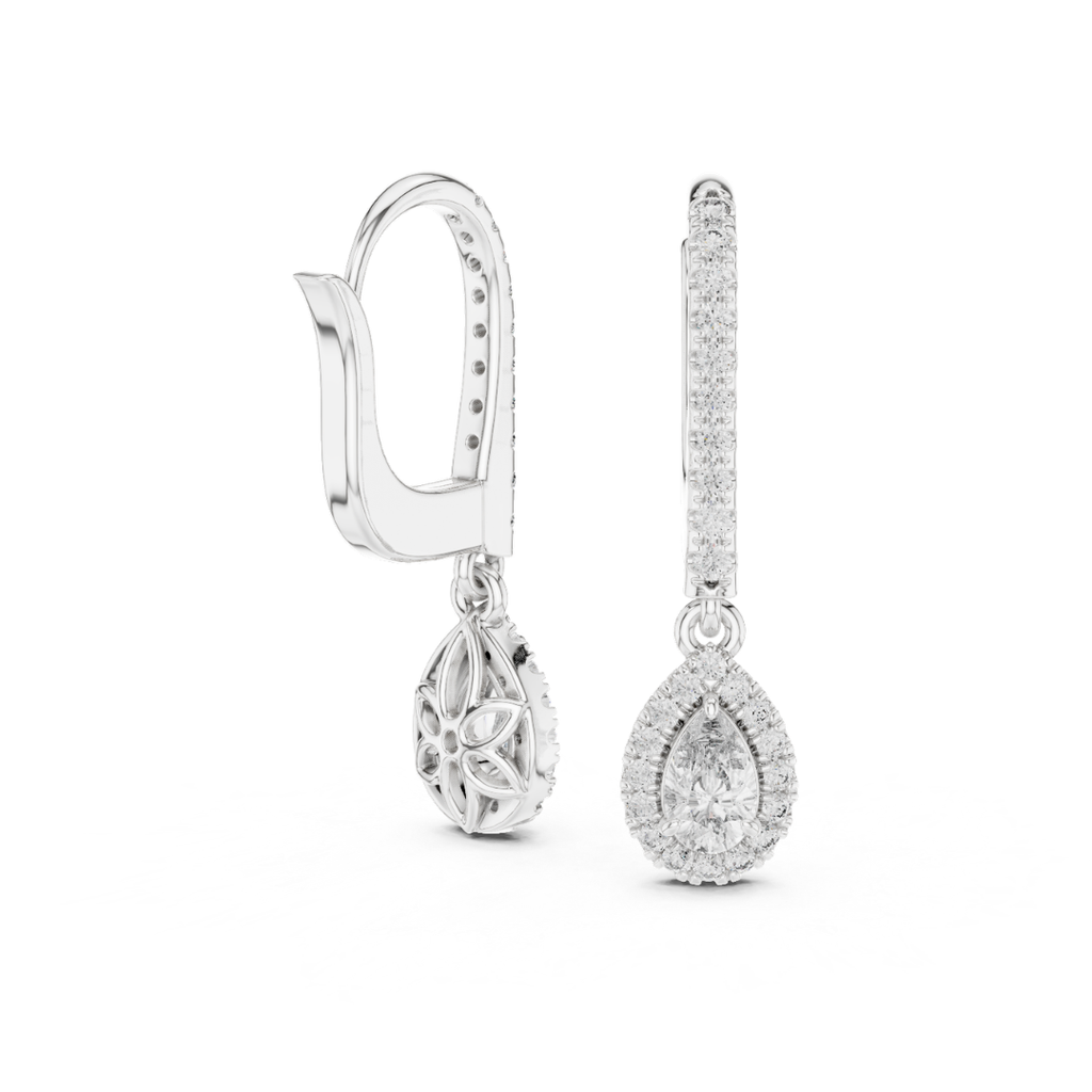 Silver teardrop Moissanite earrings with clear stones on a white background