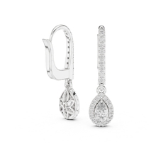 Load image into Gallery viewer, Silver teardrop Moissanite earrings with clear stones on a white background