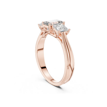Rose gold ring with a Moissanite diamond on a white background