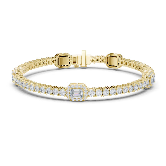 Gold bracelet with moissanite diamond accents on a white background