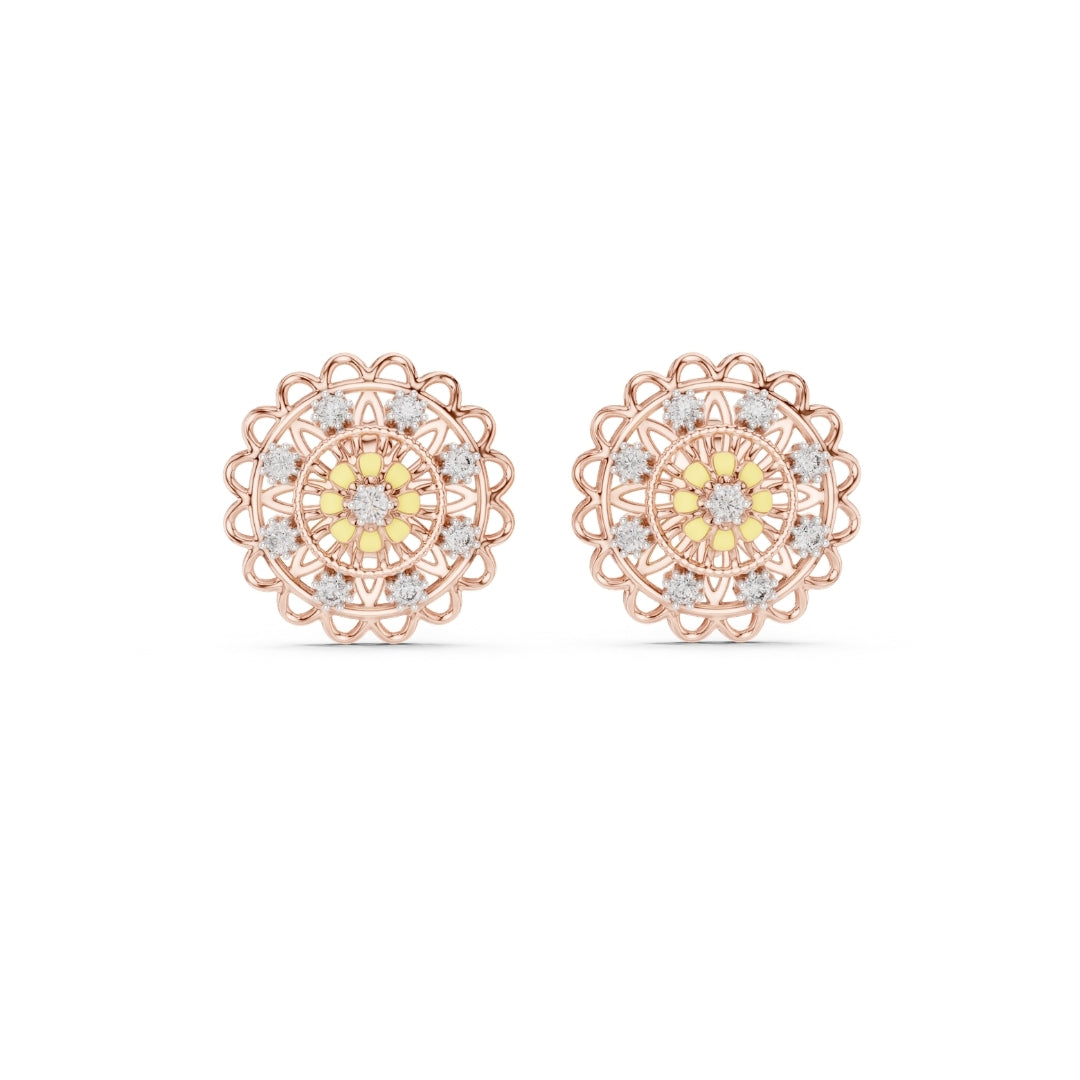 Rose gold earrings with yellow and moissanite clear gemstones on a white background