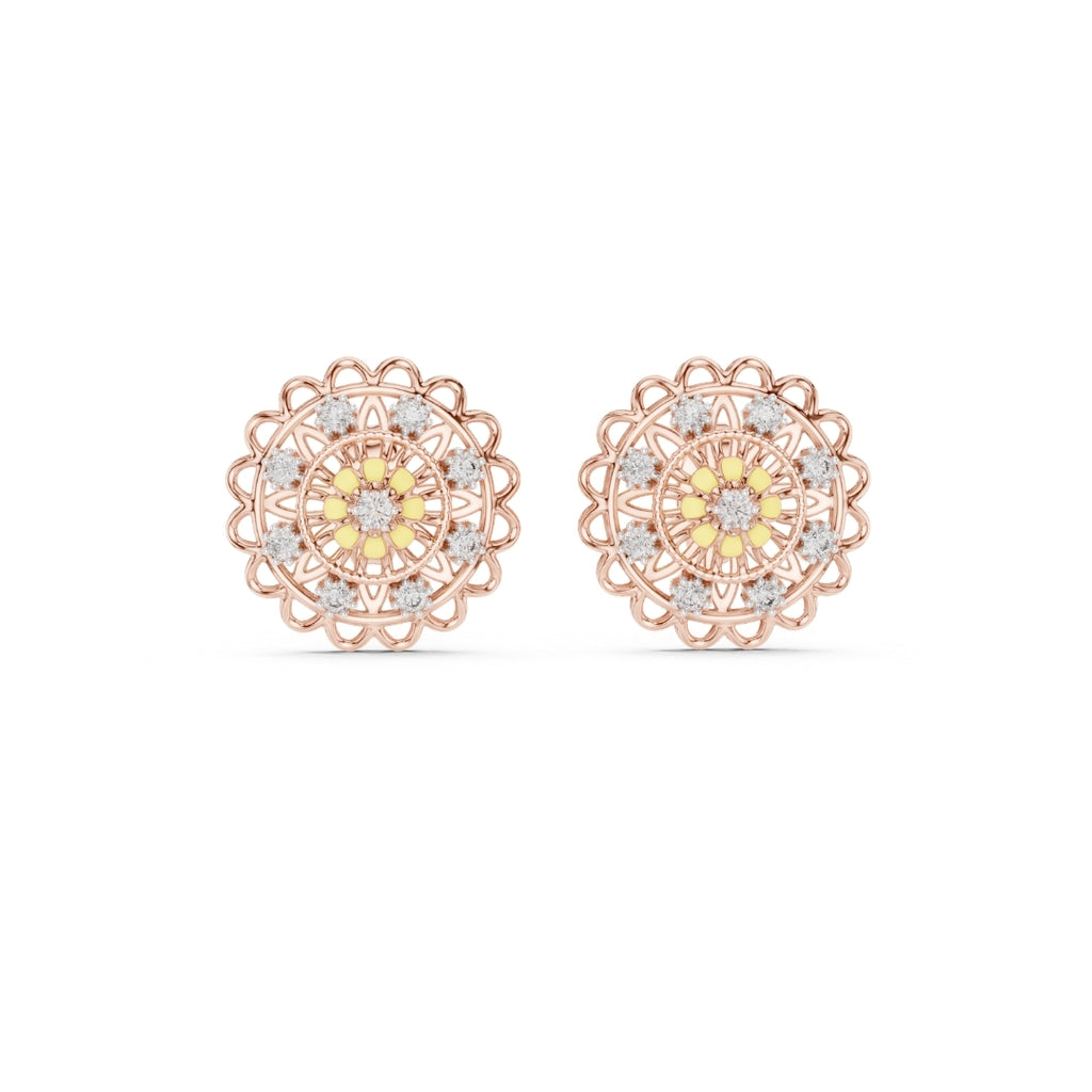 Rose gold earrings with yellow and moissanite clear gemstones on a white background