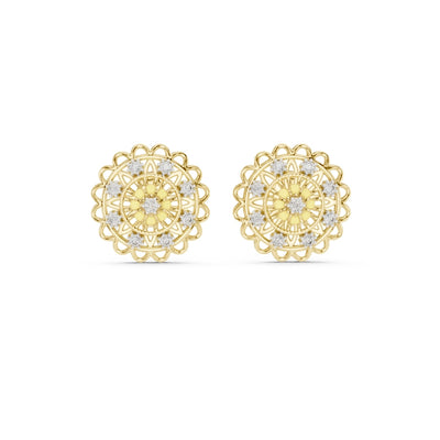 Rose gold earrings with yellow and moissanite clear gemstones on a white background