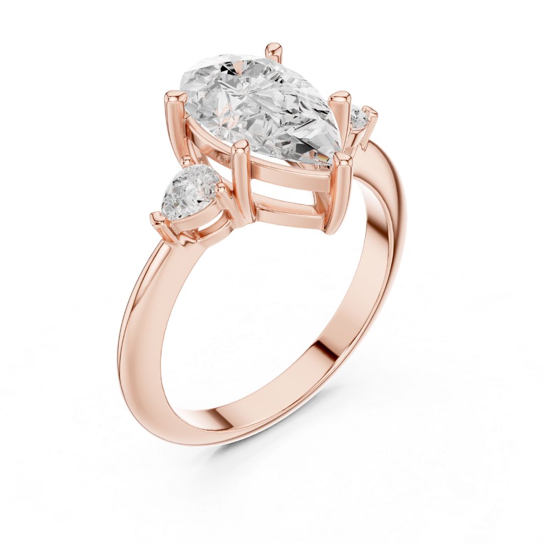 Rose gold ring with moissanite diamonds on a white background