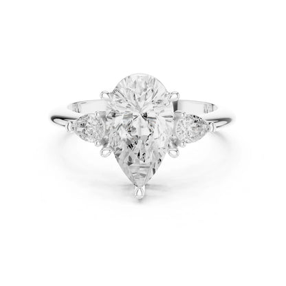 moissanite Diamond ring with a pear-shaped center stone on a white background