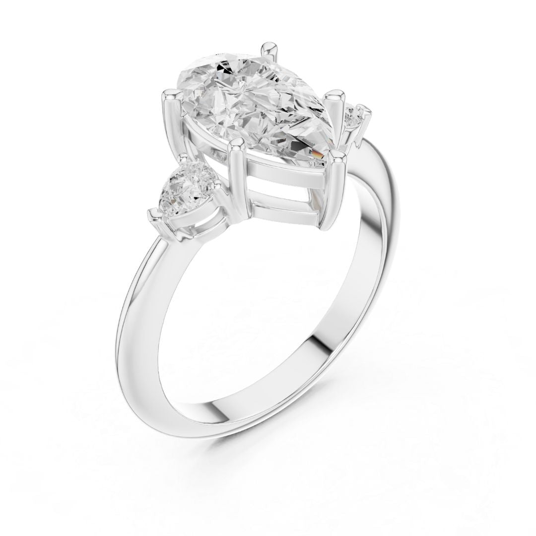 moissanite Diamond ring with a large central gemstone and smaller side stones on a white background