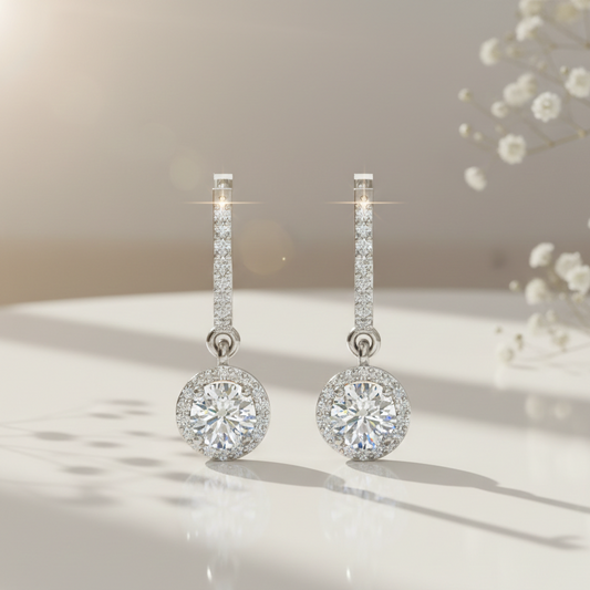 Halo Solitaire Dangling Hoop Sterling Silver Earrings for Her