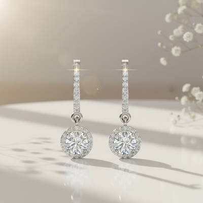 Halo Solitaire Dangling Hoop Sterling Silver Earrings for Her