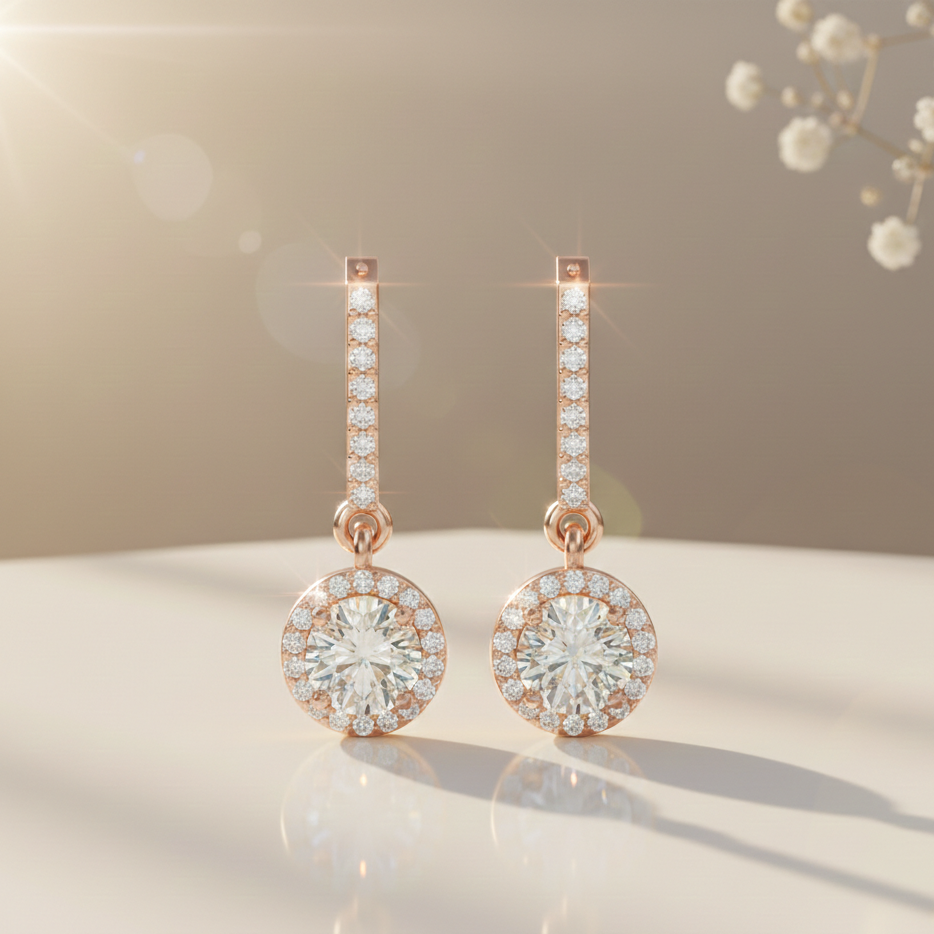 Halo Solitaire Dangling Hoop Sterling Silver Earrings for Her