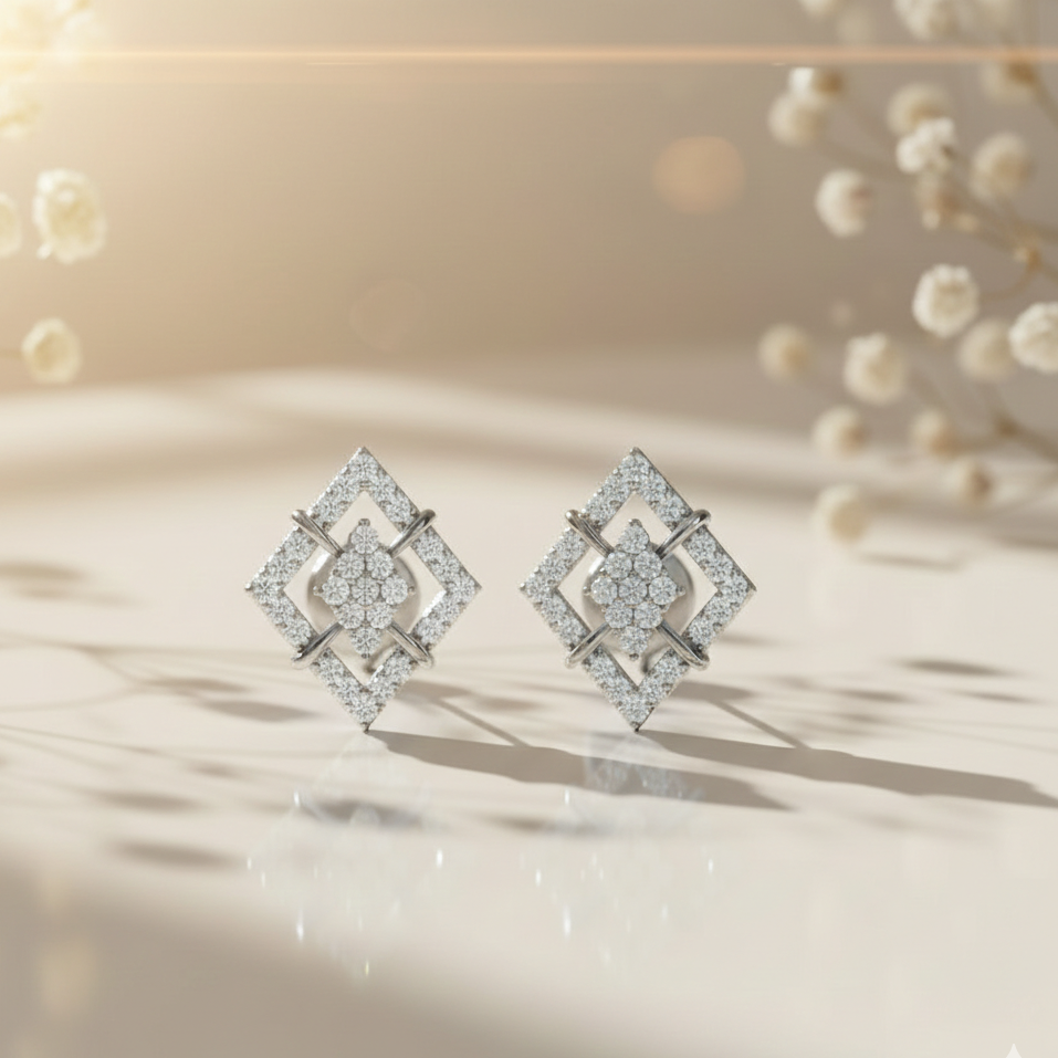Diamond Shape Sparkling Sterling Silver Earrings for Women