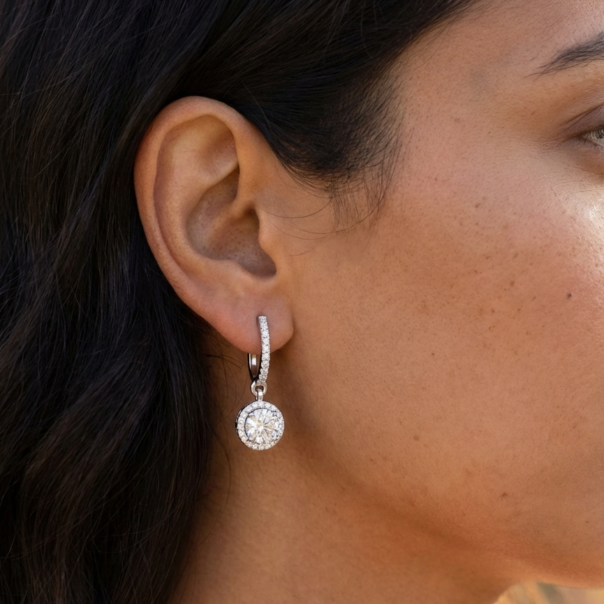 Halo Solitaire Dangling Hoop Sterling Silver Earrings for Her